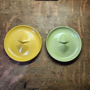 2 VTG Ashtray Mustard Avacado Green MCM Retro Jewelry Trinket Prop Kitsch 80s 90